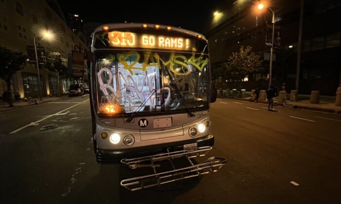 The Los Angeles Police Department issued several dispersal orders and an unlawful assembly in downtown Los Angeles after the Rams took home a triumphant win in the Super Bowl LVI on Feb. 13, 2022. (Courtesy of Clayton Sandell/Newsy)