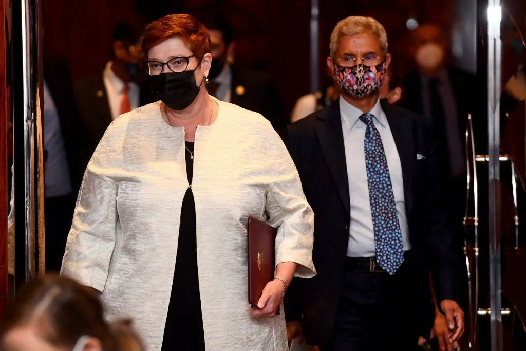 India's Foreign Minister Subrahmanyam Jaishankar (R) and Australia's Minister for Foreign Affairs Marise Payne (L) arrive for a press conference following a bilateral meeting during the Quadrilateral Security Dialogue (Quad) in Melbourne, Australia, on Feb. 12, 2022. (William West/AFP via Getty Images)