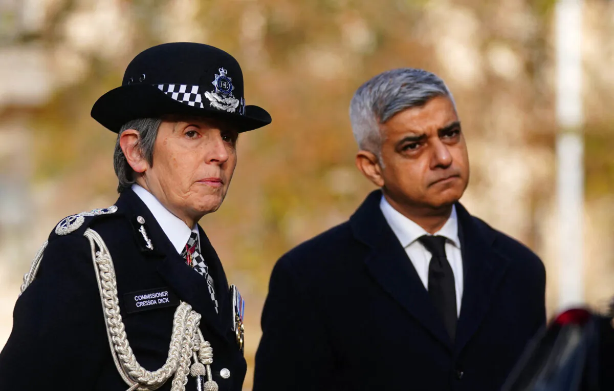 Metropolitan Police Commissioner Cressida Dick and Mayor of London Sadiq Khan speak to the media ahead of a memorial service to remember and celebrate the life of Metropolitan Police Sergeant Matt Ratana at The Royal Military Chapel in Westminster, central London, on Nov. 29, 2021. (Victoria Jones/Pool/AFP via Getty Images)