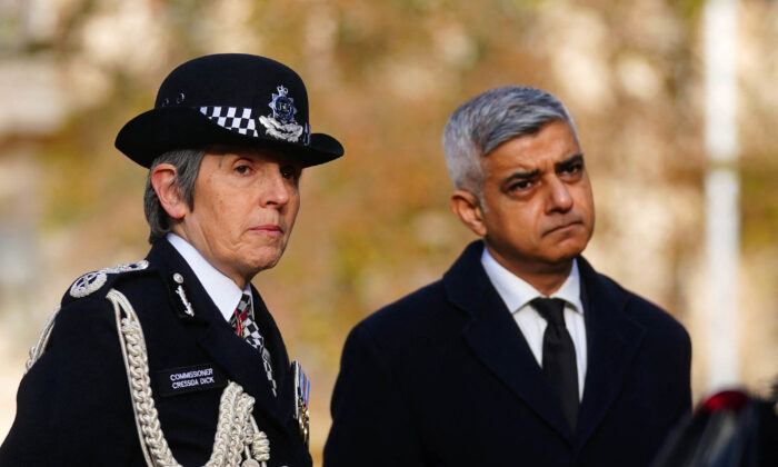 Metropolitan Police Commissioner Cressida Dick and Mayor of London Sadiq Khan speak to the media ahead of a memorial service to remember and celebrate the life of Metropolitan Police Sergeant Matt Ratana at The Royal Military Chapel in Westminster, central London, on Nov. 29, 2021. (Victoria Jones/Pool/AFP via Getty Images)