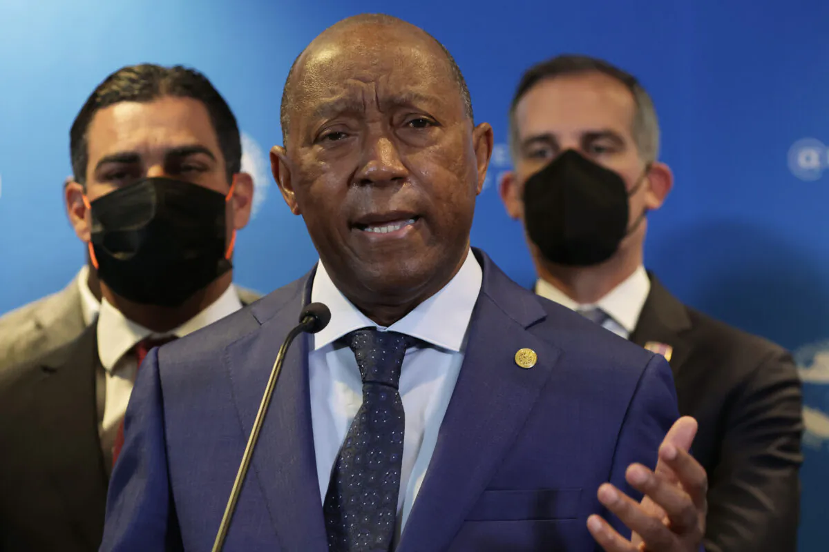 Mayor of Houston, Texas, Sylvester Turner speaks during a news conference at the 90th Winter Meeting of United States Conference of Mayors in Washington, on Jan. 19, 2022. (Alex Wong/Getty Images)