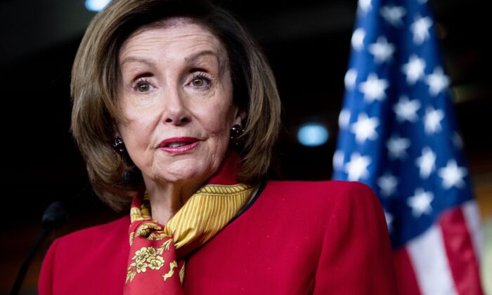House of Representatives Speaker Nancy Pelosi (D-Calif.) speaks to reporters in Washington on Feb. 9, 2022. (Saul Loeb/AFP via Getty Images)