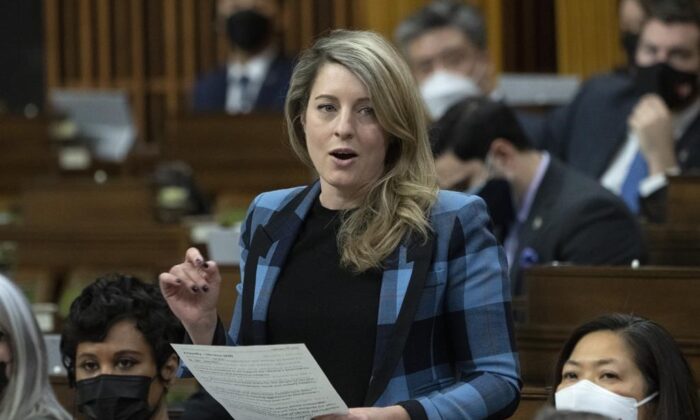 Foreign Affairs Minister Melanie Joly rises during Question Period, Feb. 14, 2022 in Ottawa. (The Canadian Press/Adrian Wyld)