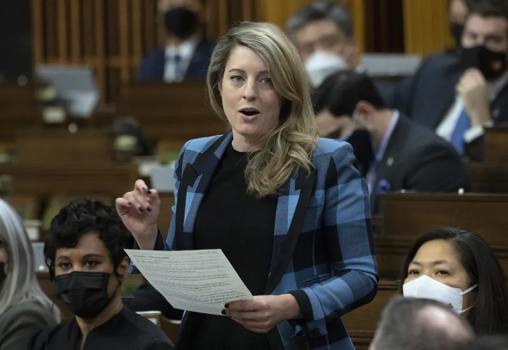 Foreign Affairs Minister Melanie Joly rises during Question Period, Feb. 14, 2022 in Ottawa. (The Canadian Press/Adrian Wyld)