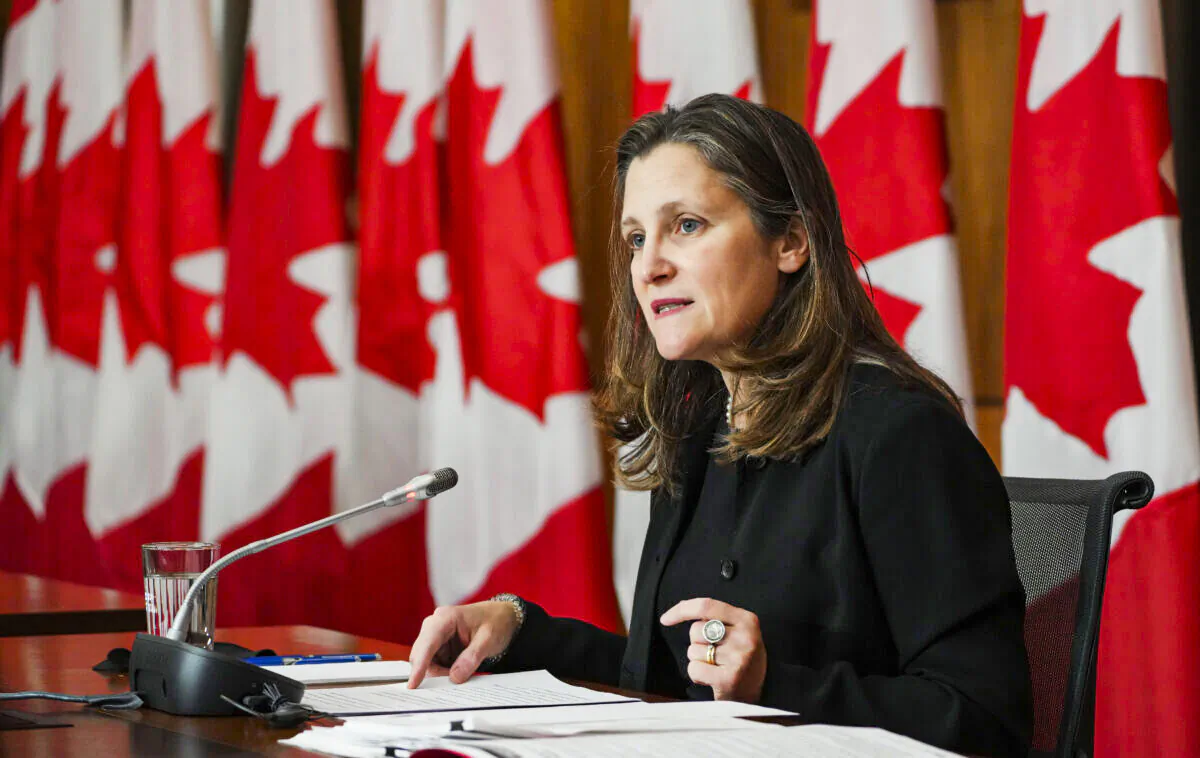 Minister of Finance and Deputy Prime Minister Chrystia Freeland holds a press conference in Ottawa on Nov. 24, 2021. (The Canadian Press/Sean Kilpatrick)