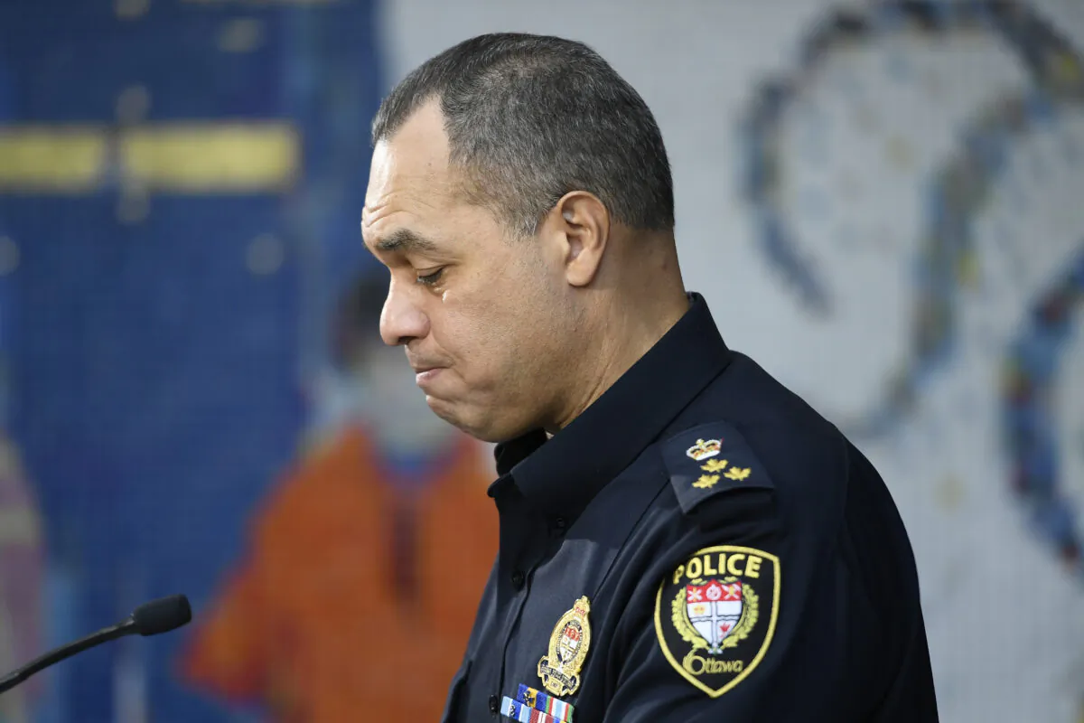 Ottawa Police Chief Peter Sloly speaks at a news conference on updated enforcement measures as a protest against COVID-19 restrictions continues into its second week, in Ottawa, on Feb. 4, 2022. (The Canadian Press/Justin Tang)