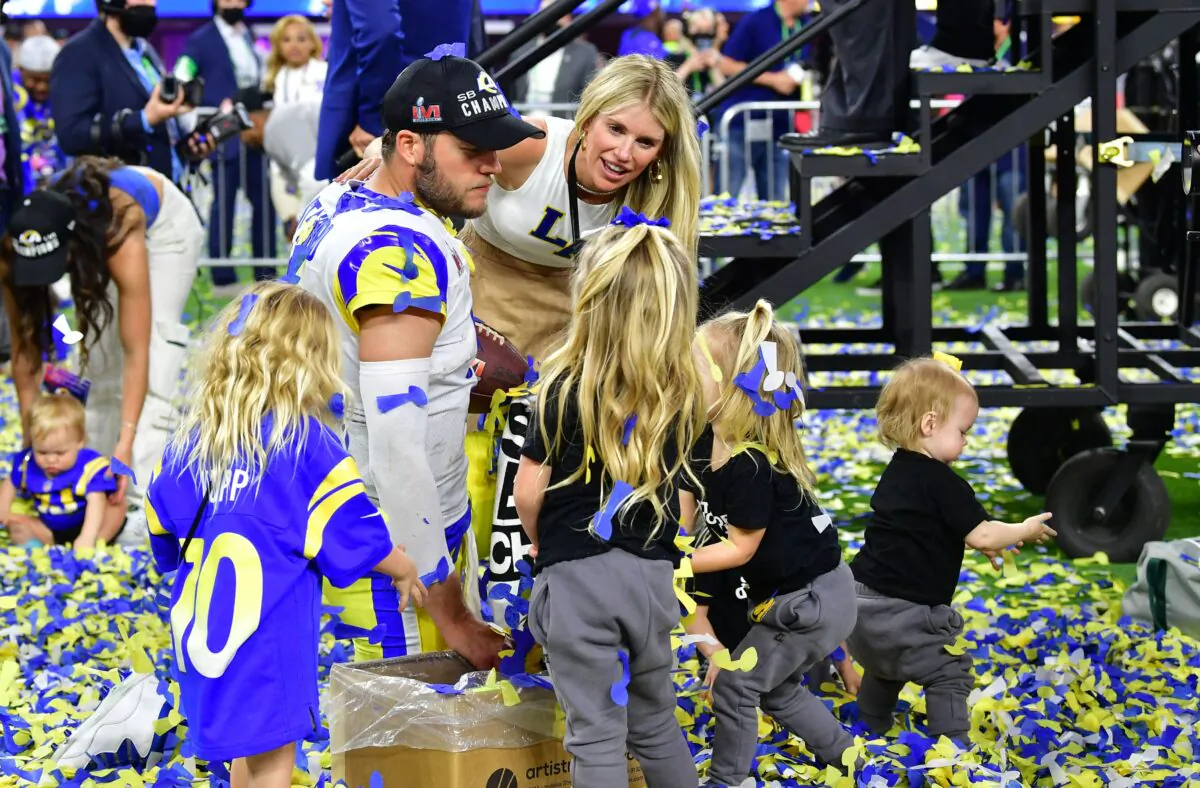 Los Angeles Rams' quarterback Matthew Stafford reacts with wife Kelly Hall and family after winning Super Bowl LVI between the Los Angeles Rams and the Cincinnati Bengals at SoFi Stadium in Inglewood, Calif., on Feb. 13, 2022. (Frederic J. Brown/Getty Images)