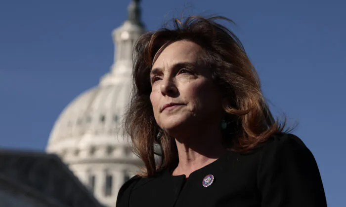 Rep. Lisa McClain (R-Mich.) departs from a press conference on vaccine mandates for businesses with House Republicans on Capitol Hill in Washington on Nov. 18, 2021. (Anna Moneymaker/Getty Images)