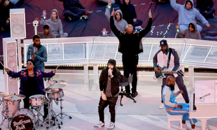 Anderson .Paak and Eminem perform during the Pepsi Super Bowl LVI Halftime Show at SoFi Stadium on February 13, 2022 in Inglewood, California. (Photo by Gregory Shamus/Getty Images)