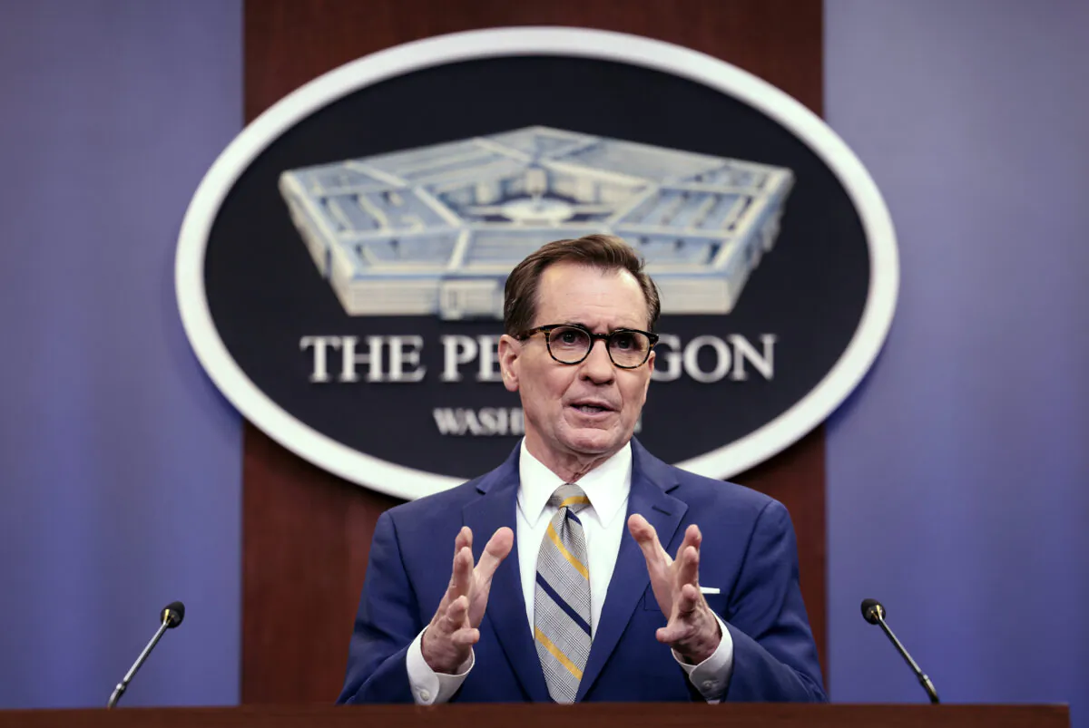Pentagon press secretary John Kirby holds a news briefing at the Pentagon in Arlington, Virginia, on Feb. 14, 2022. (Kevin Dietsch/Getty Images)