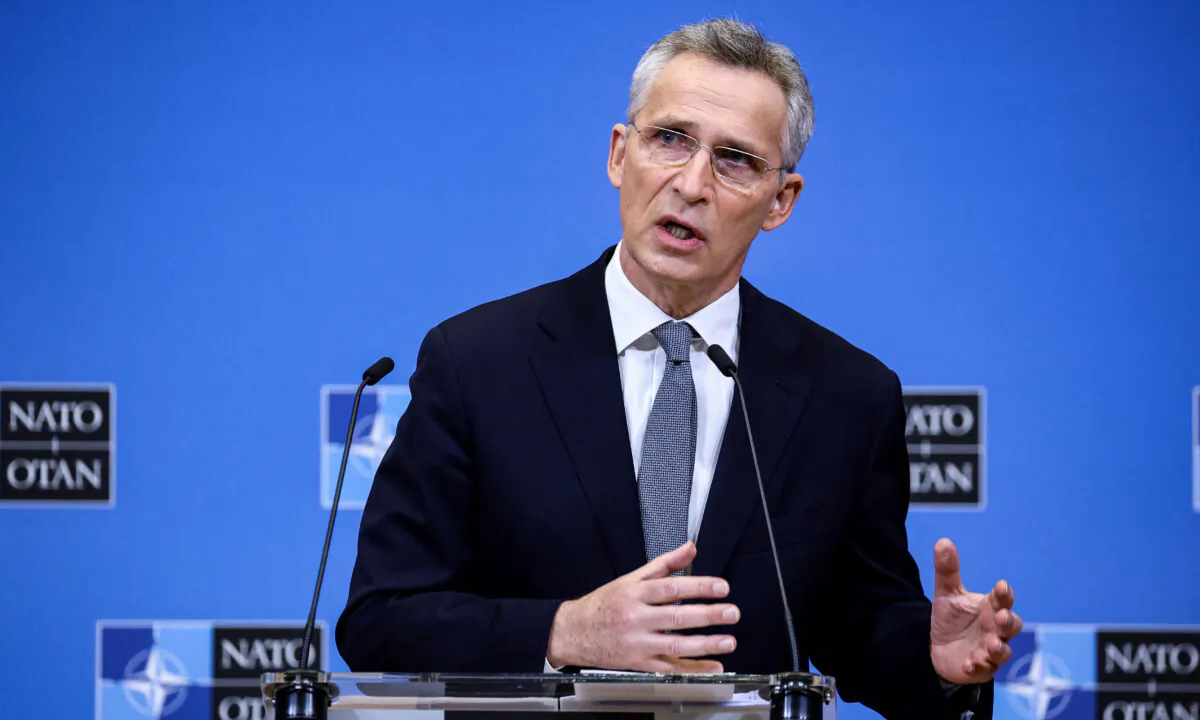 NATO Secretary General Jens Stoltenberg speaks during a press conference ahead of a two-day meeting of the alliance's defence ministers at the NATO headquarters in Brussels on Feb. 15, 2022. (Kenzo Tribouillard/AFP via Getty Images)