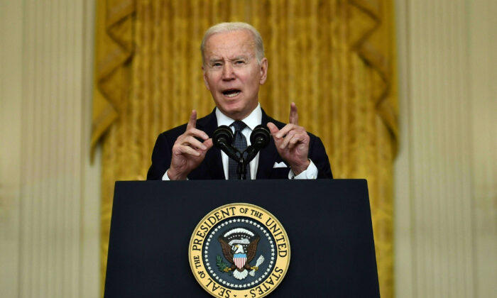 President Joe Biden speaks about Russia and Ukraine in the East Room of the White House on Feb. 15, 2022. (Brendan Smialowski/AFP via Getty Images)