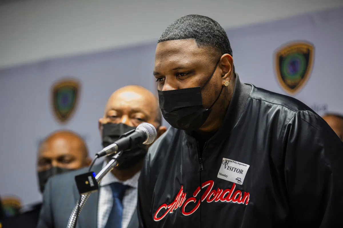Larry Grant, uncle of 9-year-old Ashanti Grant, speaks during a news conference at the Houston Police Department headquarters in Houston on Feb. 14, 2022. (Marie D. De Jesús/Houston Chronicle via AP)