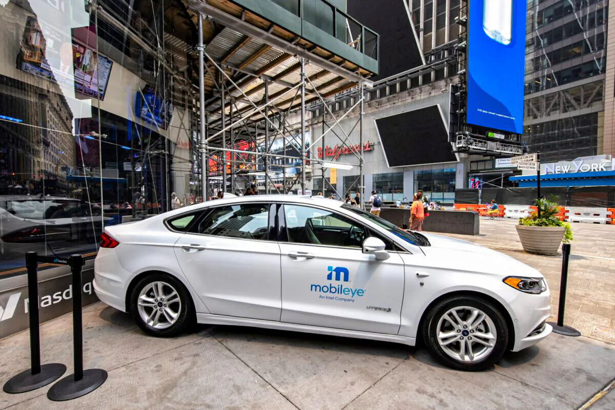 A Mobileye driverless vehicle is seen at the Nasdaq Market site in New York, on July 20, 2021. (Jeenah Moon/Reuters)
