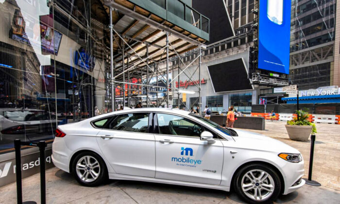 A Mobileye driverless vehicle is seen at the Nasdaq Market site in New York, on July 20, 2021. (Jeenah Moon/Reuters)