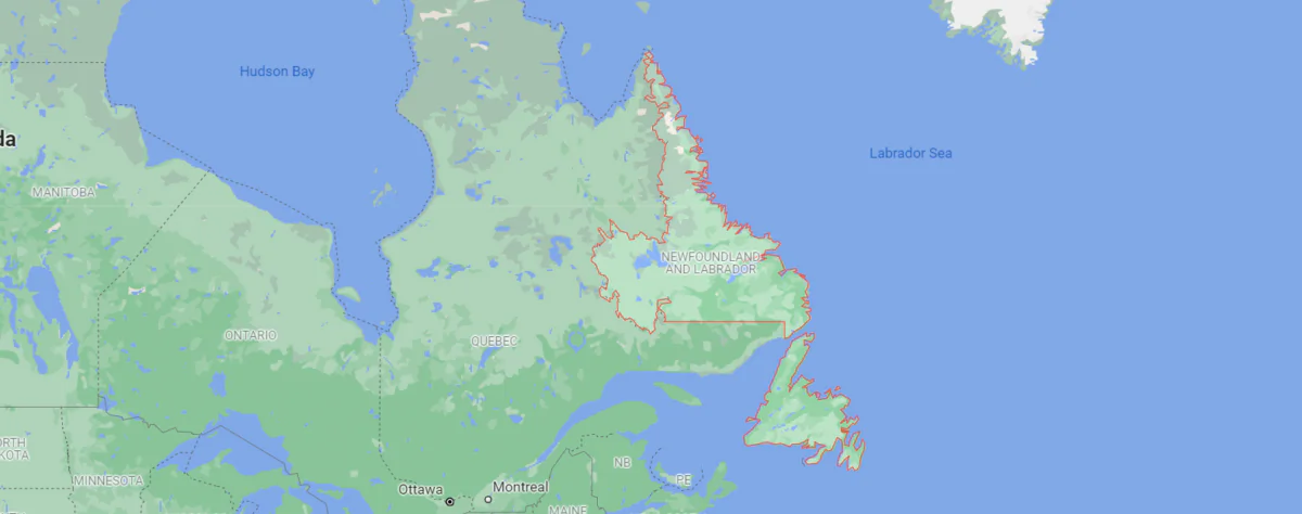 A map shows the location of Newfoundland in eastern Canada, on Feb. 15, 2022. (Google Maps/Screenshot via The Epoch Times)