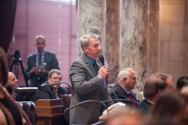 Republican Wisconsin State Representative Dan Knodle speaks during an assembly session. 