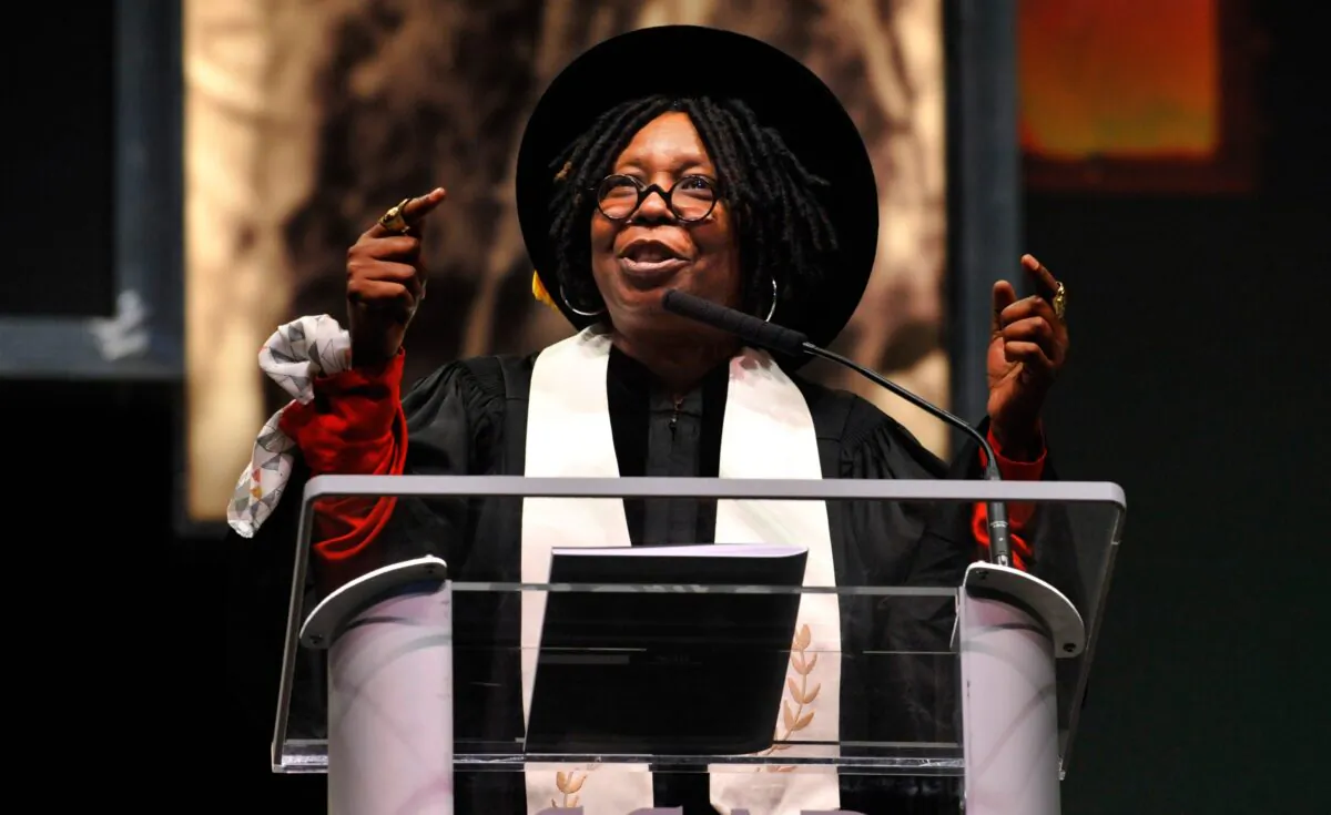 This image released by ABC shows co-host Whoopi Goldberg on the set of the daytime talk series "The View."  Goldberg returned to ‘The View’ on Monday following her two-week suspension for remarks about the Holocaust  (Jenny Anderson/ABC via AP)