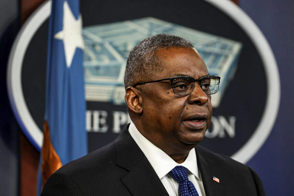 Secretary of Defense Lloyd Austin speaks during a news briefing in Washington on Jan. 28, 2022. (Alex Wong/Getty Images)