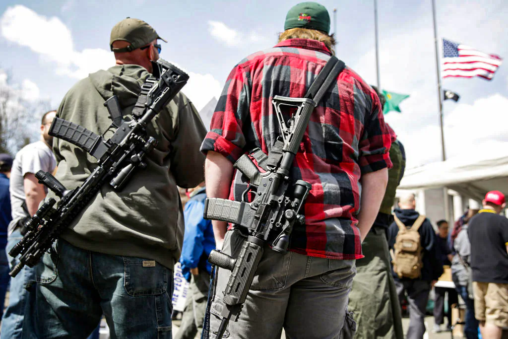 People with firearms at the Washington state capitol during the 'March for Our Rights' pro-gun rally in Olympia, Wash., on April 21, 2018. (Jason Redmond/AFP/Getty Images)