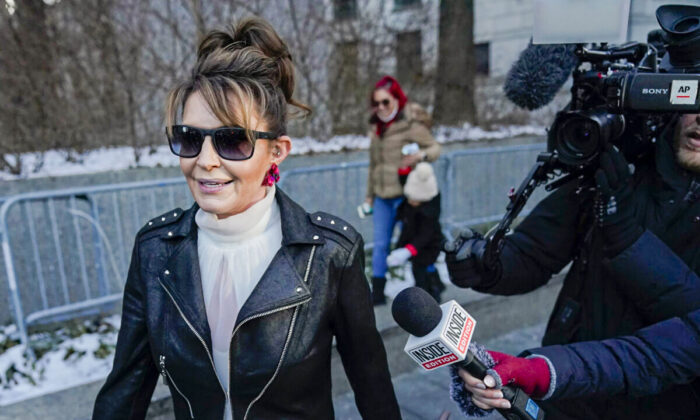 Former Alaska Gov. Sarah Palin leaves a courthouse in New York on Feb. 14, 2022. (Seth Wenig/AP Photo)