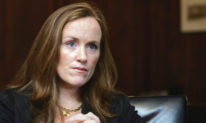 Then-Nassau County District Attorney Kathleen Rice listens to a reporter's questions in her Mineola, N.Y., office on Sept. 14, 2006. (Ed Betz, File/AP Photo)