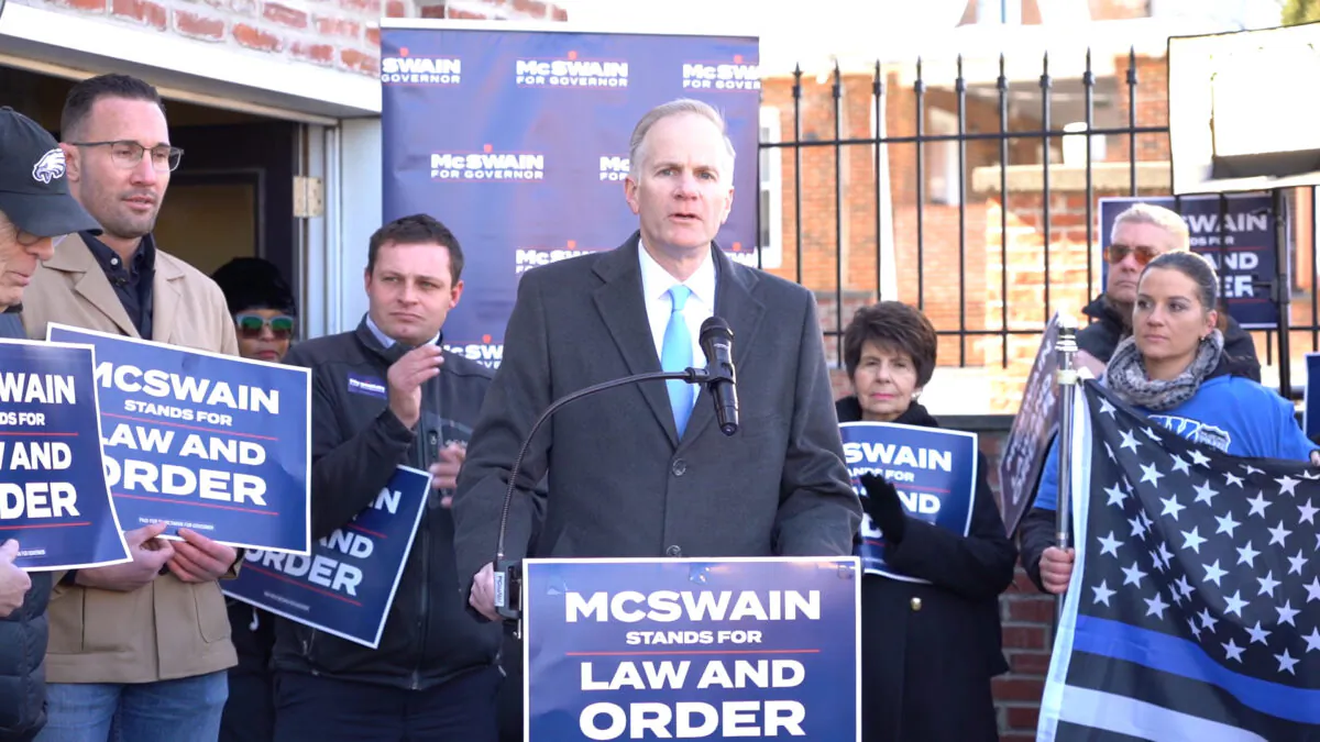 Republican candidate for governor Bill McSwain holds a press conference to announce his plan to restore law and order as governor, in Northeast Philadelphia on Feb. 15, 2022. (William Huang/The Epoch Times)