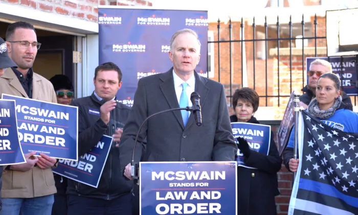 Republican candidate for governor Bill McSwain holds a press conference to announce his plan to restore law and order as governor, in Northeast Philadelphia on Feb. 15, 2022. (William Huang/The Epoch Times)