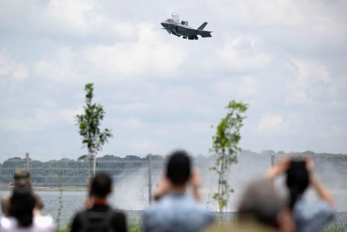 F-35B Stealth Fighter Jet of U.S. Marine Fighter Attack Squadron 242 performs during the aerial display at the Singapore Airshow, on Feb. 15, 2022. (Caroline Chia/Reuters)