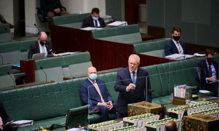 Australian Prime Minister Scott Morrison during Question Time in the House of Representatives at Parliament House in Canberra, Australia, on Aug. 23, 2021. (Rohan Thomson/Getty Images)
