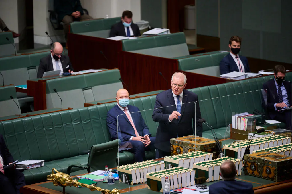 Australian Prime Minister Scott Morrison during Question Time in the House of Representatives at Parliament House in Canberra, Australia, on Aug. 23, 2021. (Rohan Thomson/Getty Images)