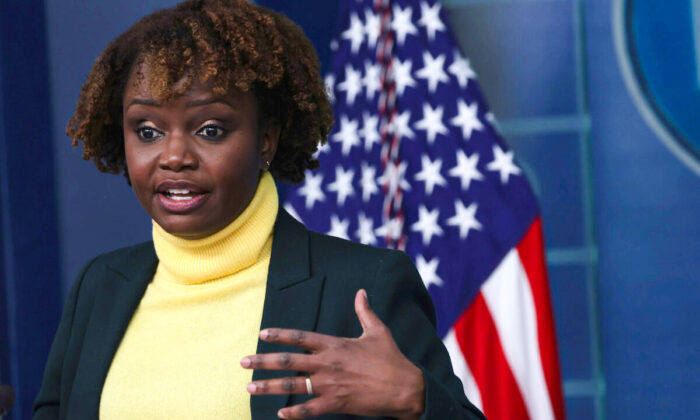 White House Principal Deputy Press Secretary Karine Jean-Pierre conducts a daily press briefing at the James S. Brady Press Briefing Room of the White House in Washington, on Feb. 14, 2022. (Alex Wong/Getty Images)