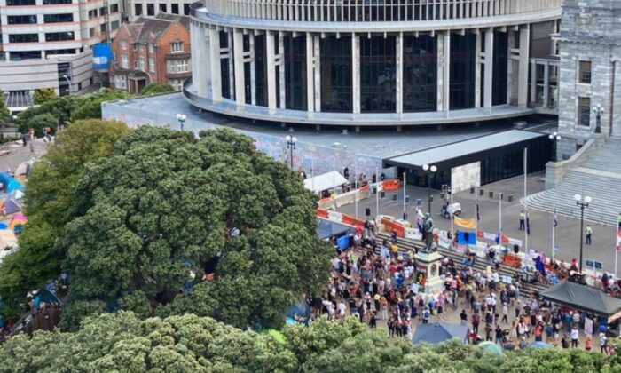 Anti-mandate protesters gather to demonstrate in front of the parliament building in Wellington, New Zealand, on Feb. 16, 2022. (Photo obtained by Reuters)