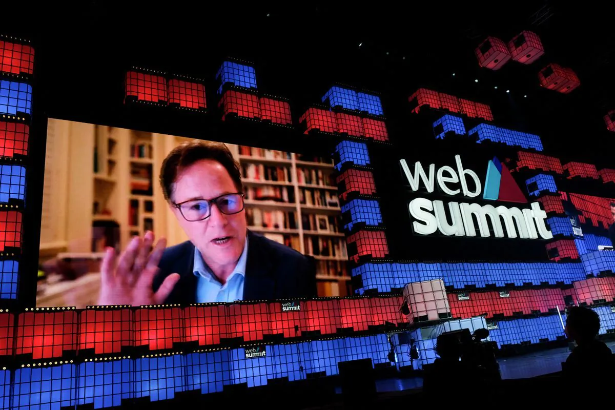 Nick Clegg, VP of Global Affairs & Communications at Meta (Facebook) participates remotely in the Web Summit, Europe's largest technology conference, in Lisbon, Portugal on Nov. 2, 2021. (Pedro Nunes/Reuters)