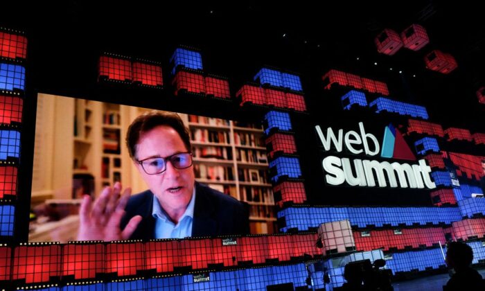 Nick Clegg, VP of Global Affairs & Communications at Meta (Facebook) participates remotely in the Web Summit, Europe's largest technology conference, in Lisbon, Portugal on Nov. 2, 2021. (Pedro Nunes/Reuters)