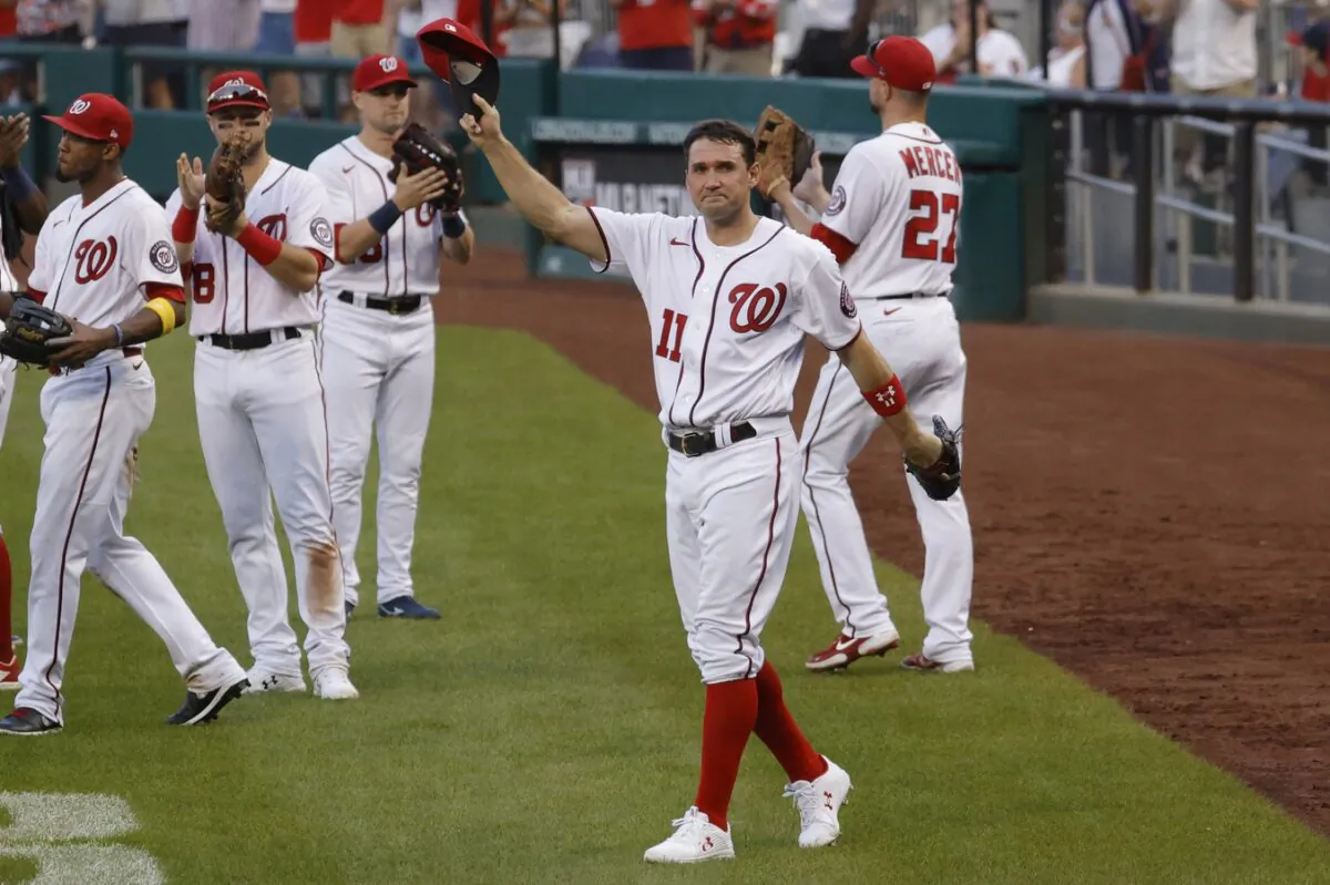 Washington Nationals first baseman Ryan Zimmerman (11) waves to the crowd at Nationals Park in Washington, on Oct. 3, 2021. (Geoff Burke/USA TODAY Sports via Field Level Media)