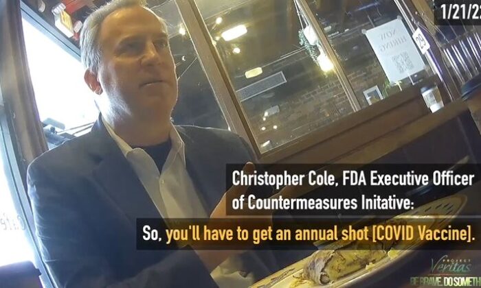 In this still image from undercover video footage, Christopher Cole, an executive officer at the Food and Drug Administration, speaks about vaccines. (Courtesy of Project Veritas)