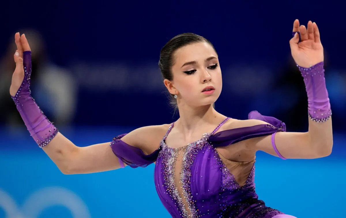 Kamila Valieva, of the Russian Olympic Committee, competes in the women's short program during the figure skating at the 2022 Winter Olympics, in Beijing, China, on Feb. 15, 2022. (Natacha Pisarenko/AP Photo)