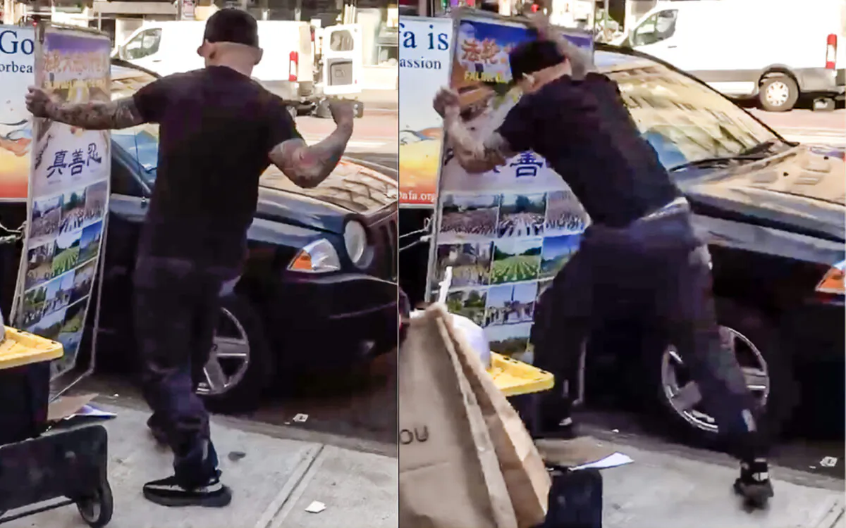 Zheng Buqiu attacks a Falun Gong information booth in Flushing, New York, on Feb. 10, 2022. (Screenshot via The Epoch Times)