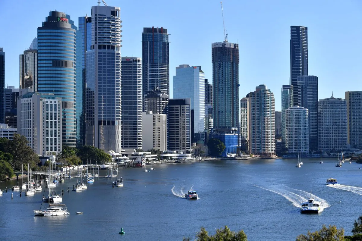 The Brisbane CBD is seen from Kangaroo Point in Brisbane, Australia, on Aug. 5, 2021. (AAP Image/Darren England)