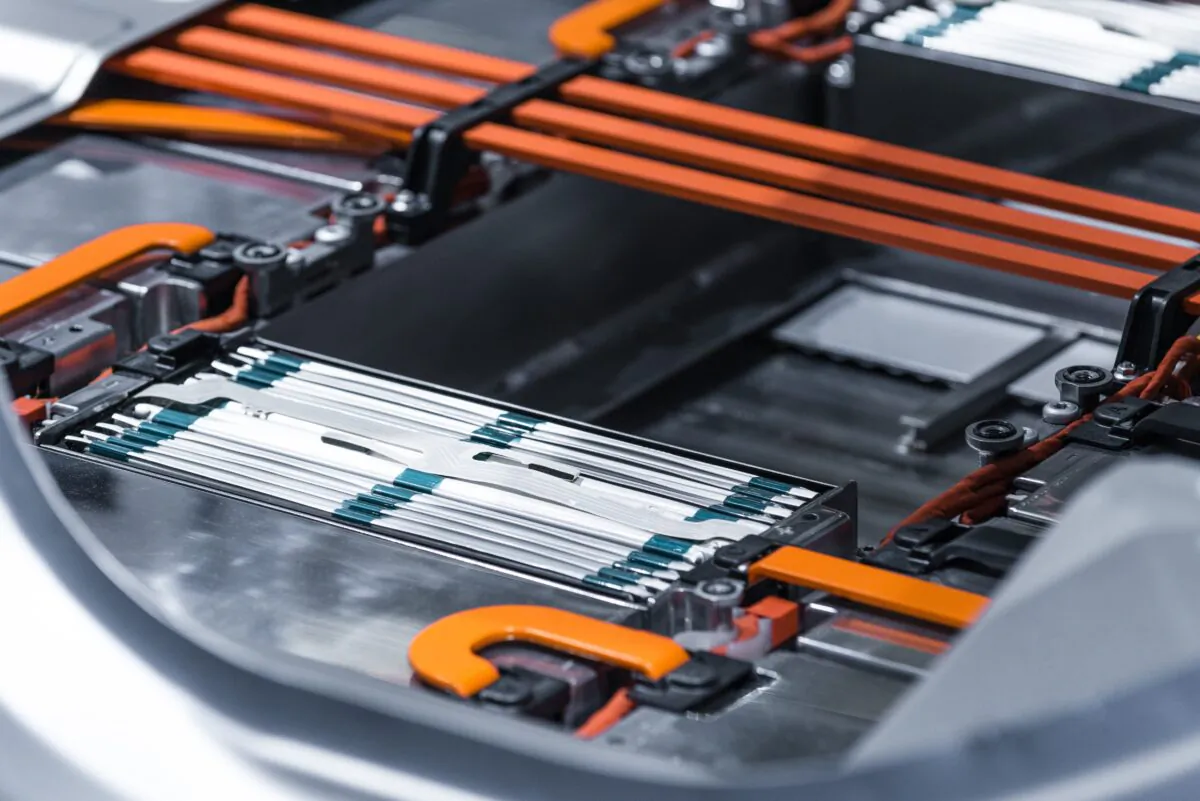 Electric vehicle lithium battery pack at a factory. (Sergii Chernov/Adobe Stock)