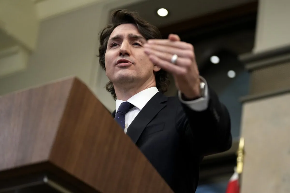 Prime Minister Justin Trudeau speaks during a media availability about the ongoing protests in Ottawa and blockades at various Canada-U.S. borders, on Parliament Hill in Ottawa on Feb. 11, 2022. (Justin Tang/The Canadian Press)