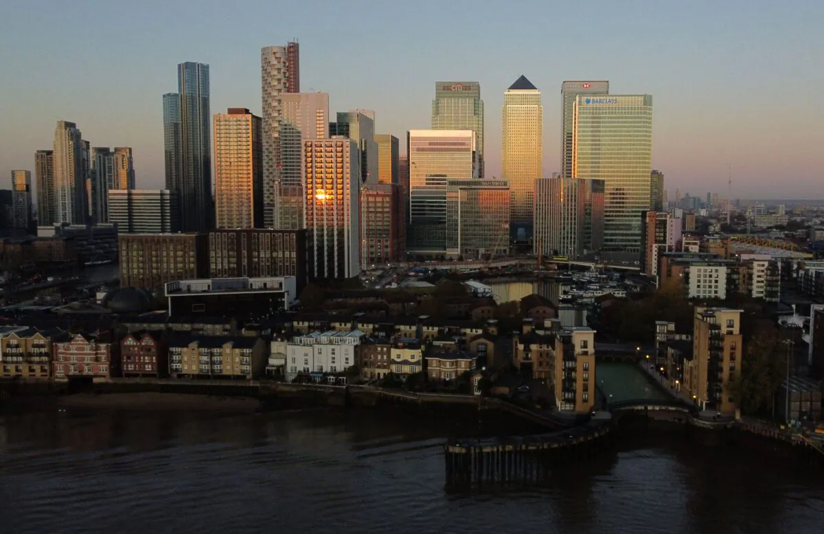 An aerial view of London's Canary Wharf financial district in London, on Nov. 4, 2020. (Daniel Leal/AFP via Getty Images)