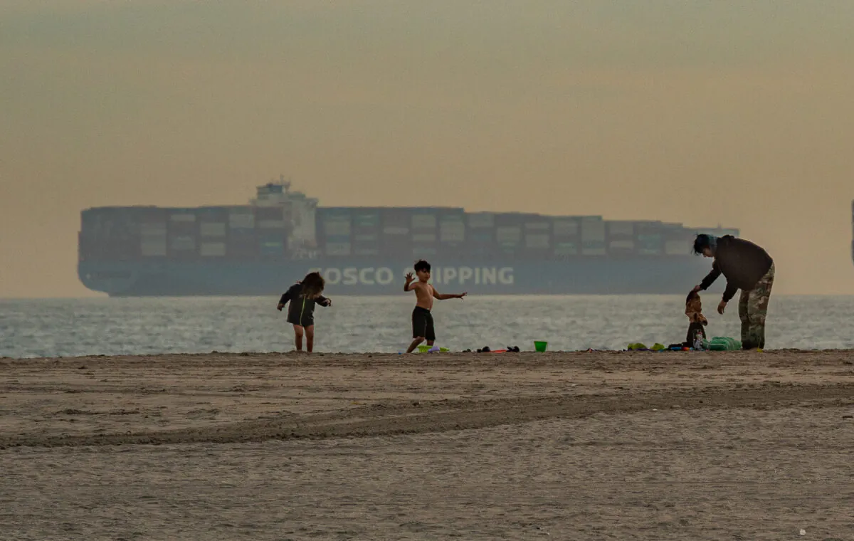 Cargo ships sit backlogged outside the ports of Los Angeles and Long Beach, Calif., on Jan. 12, 2021. (John Fredricks/The Epoch Times)