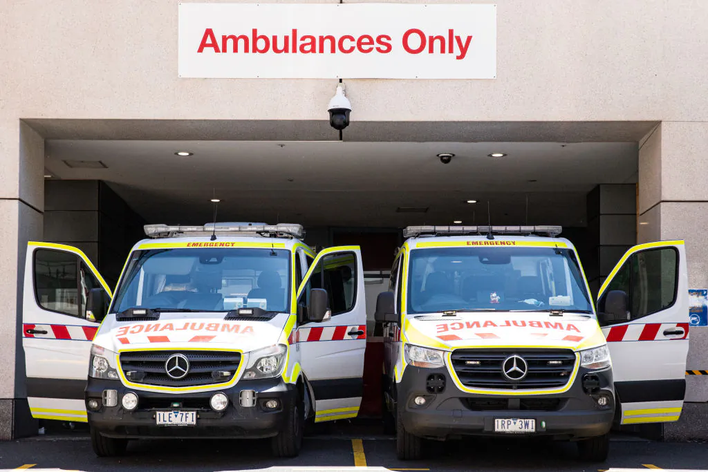 Victoria Ambulances are seen at the St. Vincent Hospital in Melbourne, Australia, on Jan. 11, 2022. (Diego Fedele/Getty Images)