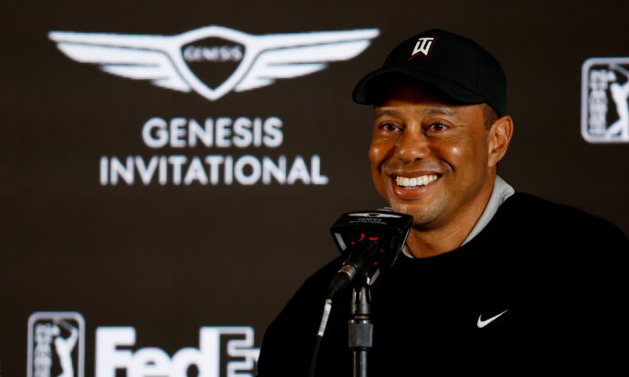 Tiger Woods of the United States speaks to the media during a press conference prior to The Genesis Invitational at Riviera Country Club, in Pacific Palisades, Calif., on Feb. 16, 2022. (Cliff Hawkins/Getty Images)