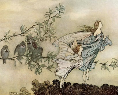 A detail from an Illustration of fairies and birds by Arthur Rackham. (Public Domain)