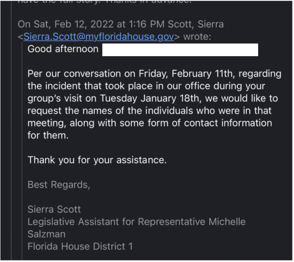 One of two February 12 emails from Sierra Scott, Legislative Assistant for Representative Michelle Salzman to a member of the Republican National Hispanic Assembly demanding the names and contact information of the members who attended the meeting.