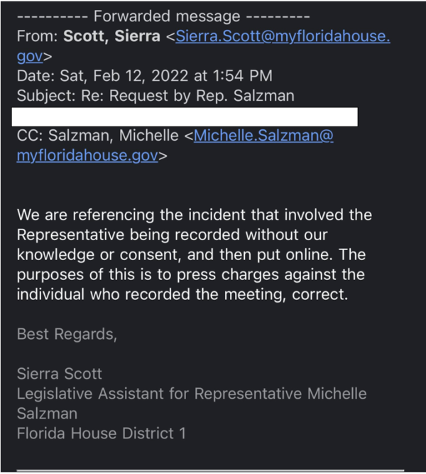The second of two February 12 emails from Sierra Scott, Legislative Assistant for Representative Michelle Salzman to a member of the Republican National Hispanic Assembly threatening legal action.
