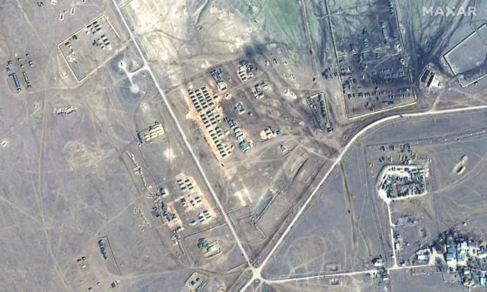 A satellite image shows tents and artillery at Opuk training area in Crimea on Feb.15, 2022. (Maxar Technologies/Handout via Reuters)